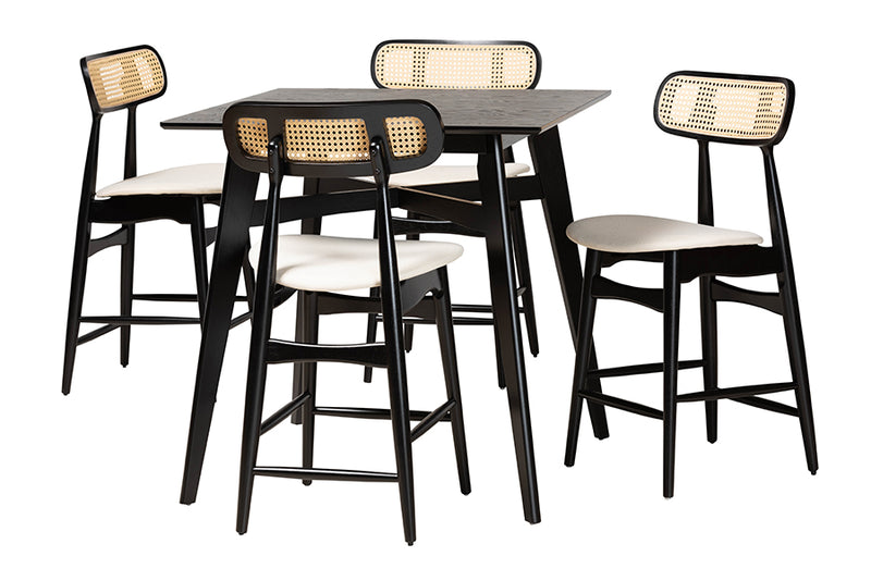 Nitza Mid-Century Modern Cream Fabric and Black Finished Wood 5-Piece Pub Set