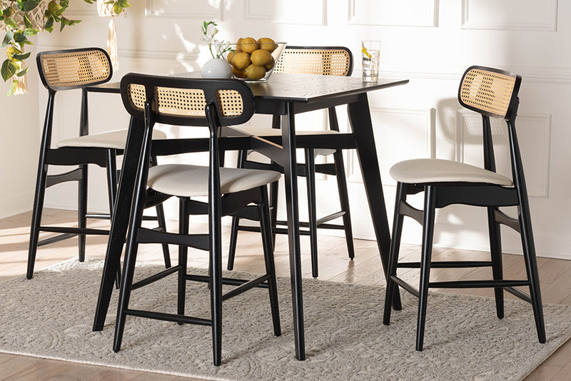 Nitza Mid-Century Modern Cream Fabric and Black Finished Wood 5-Piece Pub Set