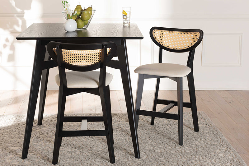 Wren Mid-Century Modern Cream Fabric and Black Finished Wood 2-Piece Counter Stool Set