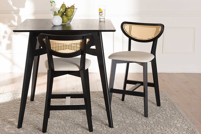 Wren Cream Fabric and Black 2Pc Counter Stool Set Baxton