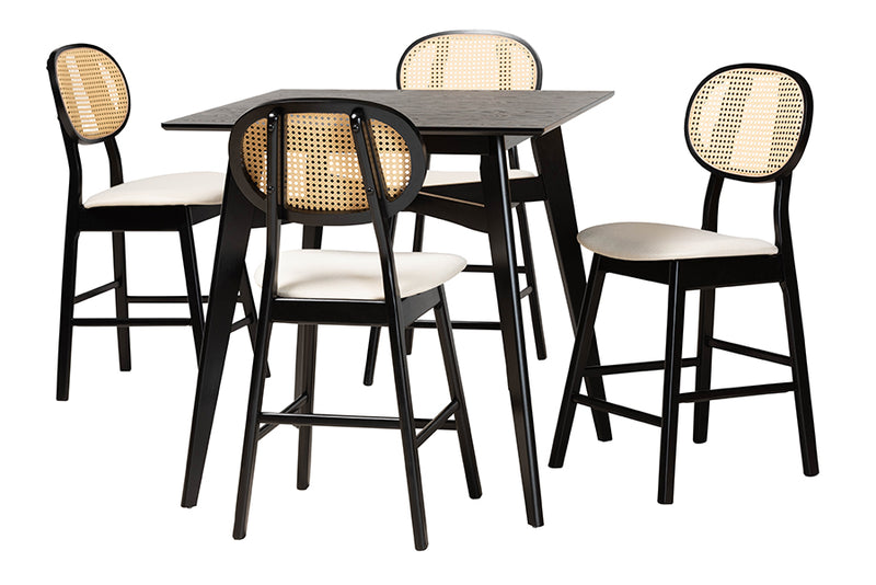 Warren Mid-Century Modern Cream Fabric and Black Finished Wood 5-Piece Pub set