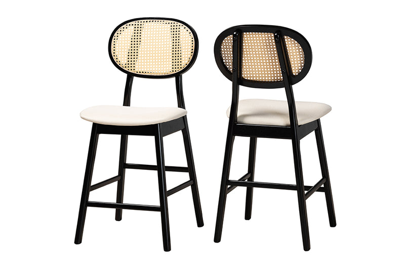 Warren Mid-Century Modern Cream Fabric and Black Finished Wood 2-Piece Counter Stool Set