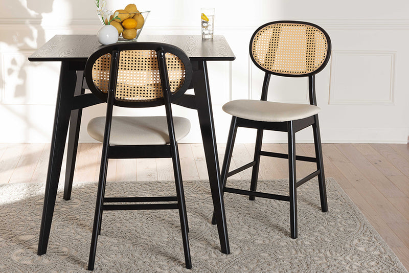 Warren Mid-Century Modern Cream Fabric and Black Finished Wood 2-Piece Counter Stool Set