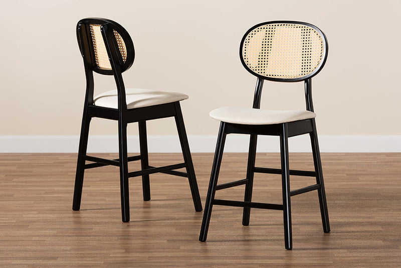Warren Cream Fabric and Black 2Pc Counter Stool Set Baxton