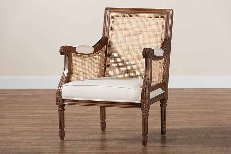 Ryland Traditional French Beige Fabric and Walnut Brown Finished Wood Accent Chair