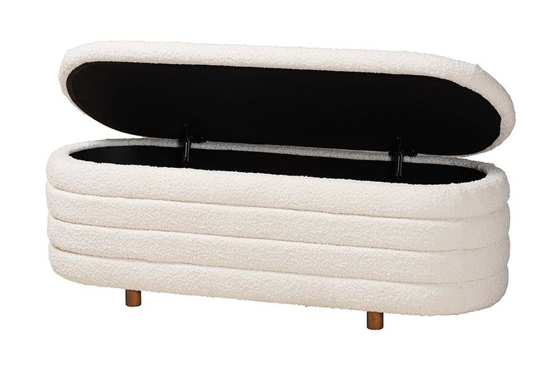 Renley Modern Japandi Cream Boucle Fabric and Walnut Brown Finished Wood Storage Bench