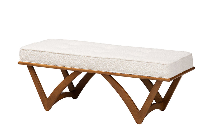 Mathis Japandi Cream Boucle Fabric and Walnut Brown Finished Wood Bench