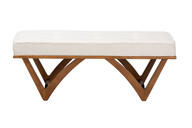 Mathis Japandi Cream Boucle Fabric and Walnut Brown Finished Wood Bench