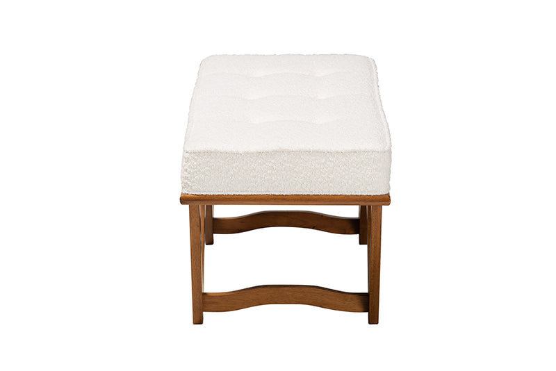 Mathis Japandi Cream Boucle Fabric and Walnut Brown Finished Wood Bench