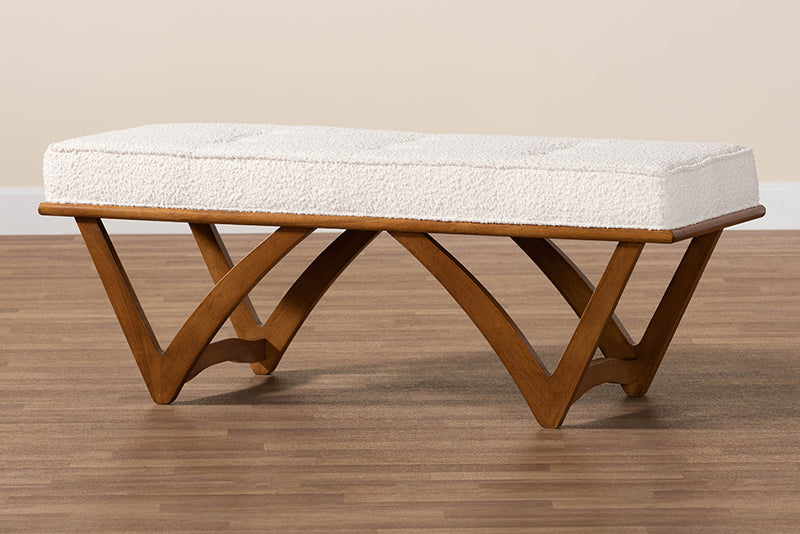 Mathis Japandi Cream Boucle Fabric and Walnut Brown Finished Wood Bench