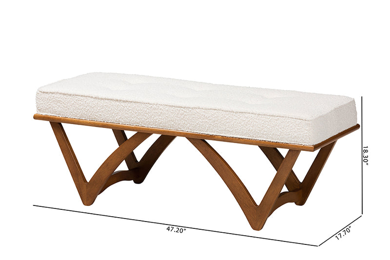 Mathis Japandi Cream Boucle Fabric and Walnut Brown Finished Wood Bench