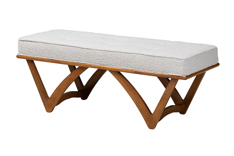 Mathis Japandi Light Gray Boucle Fabric and Walnut Brown Finished Wood Bench