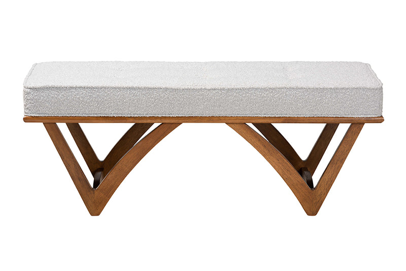 Mathis Japandi Light Gray Boucle Fabric and Walnut Brown Finished Wood Bench