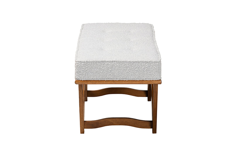 Mathis Japandi Light Gray Boucle Fabric and Walnut Brown Finished Wood Bench