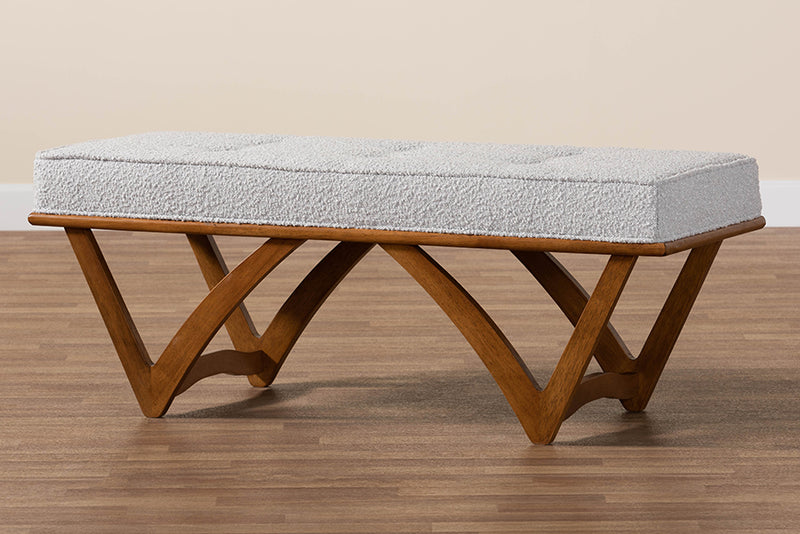 Mathis Japandi Light Gray Boucle Fabric and Walnut Brown Finished Wood Bench