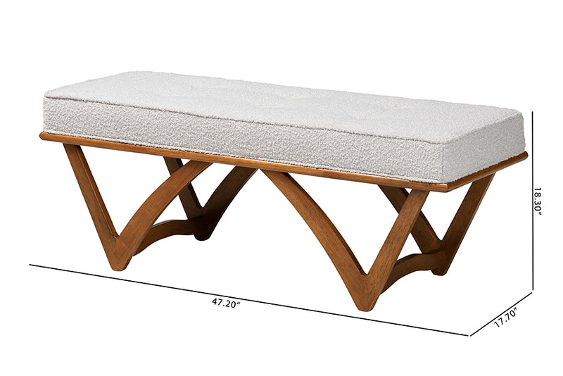 Mathis Japandi Light Gray Boucle Fabric and Walnut Brown Finished Wood Bench