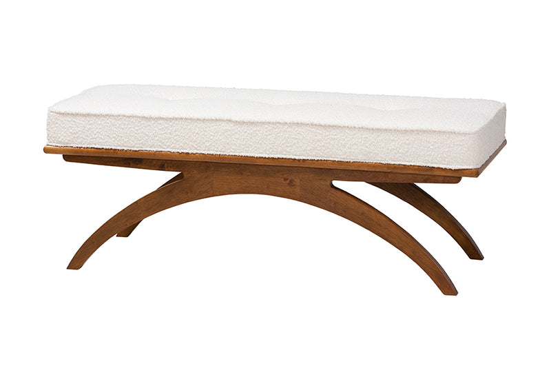 Sugar Japandi Cream Boucle Fabric and Walnut Brown Finished Wood Bench