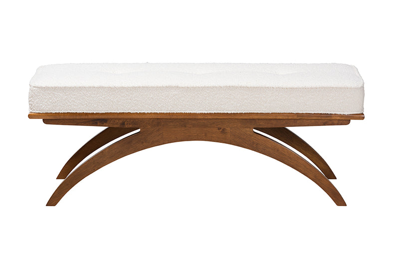 Sugar Japandi Cream Boucle Fabric and Walnut Brown Finished Wood Bench