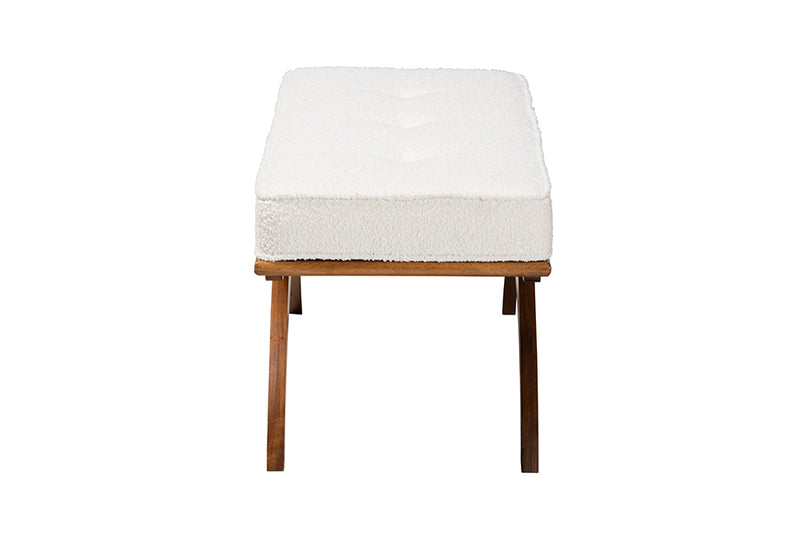 Sugar Japandi Cream Boucle Fabric and Walnut Brown Finished Wood Bench