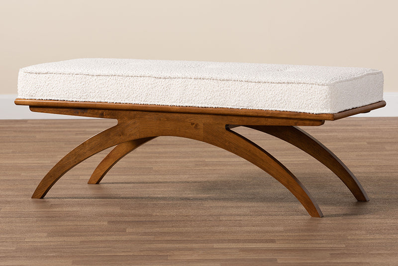 Sugar Japandi Cream Boucle Fabric and Walnut Brown Finished Wood Bench