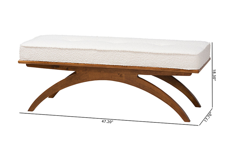 Sugar Japandi Cream Boucle Fabric and Walnut Brown Finished Wood Bench