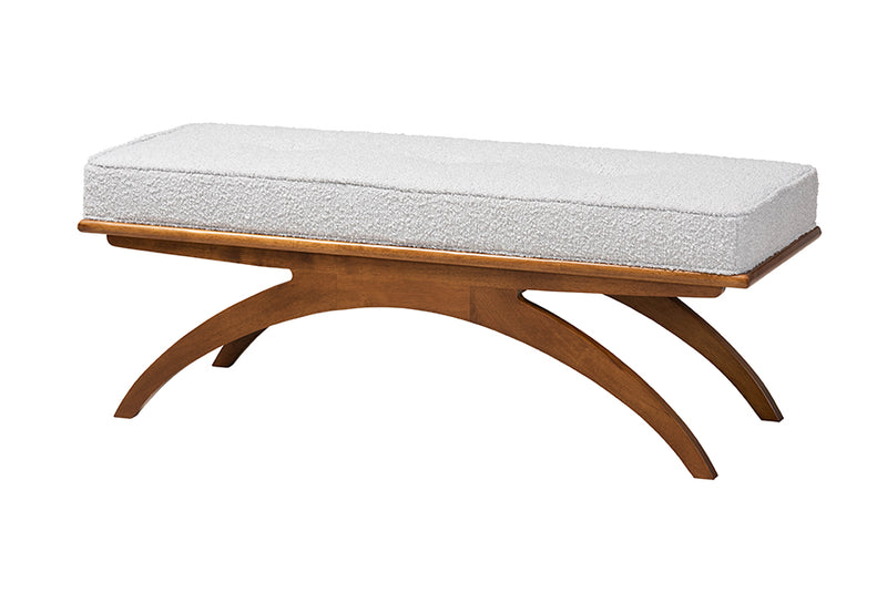 Sugar Japandi Light Gray Boucle Fabric and Walnut Brown Finished Wood Bench