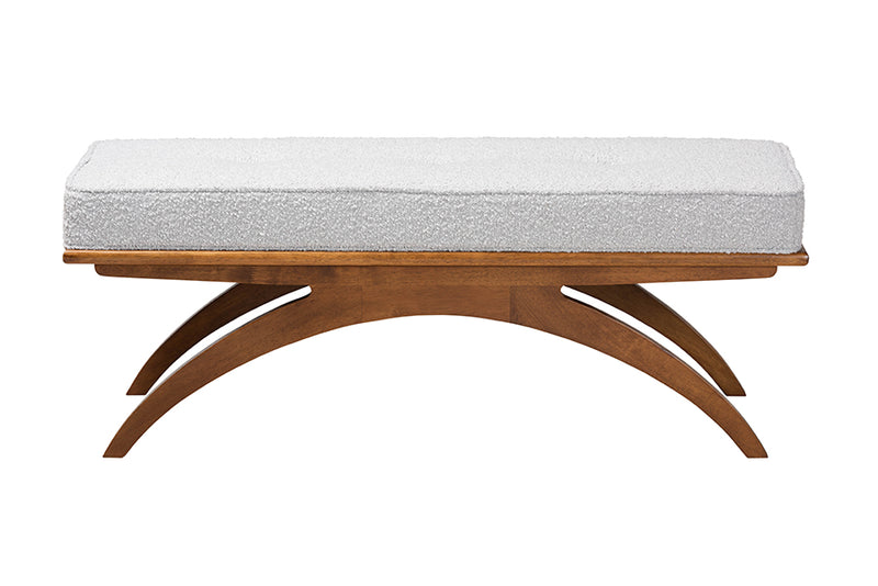 Sugar Japandi Light Gray Boucle Fabric and Walnut Brown Finished Wood Bench