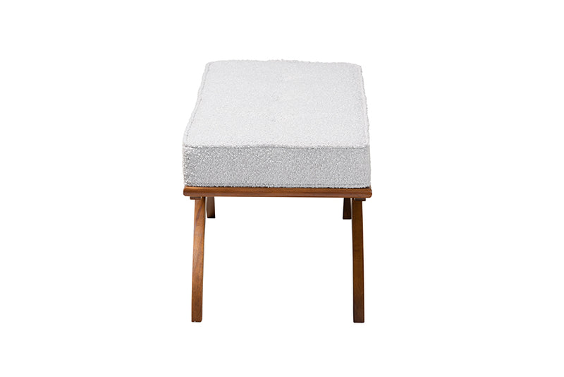 Sugar Japandi Light Gray Boucle Fabric and Walnut Brown Finished Wood Bench