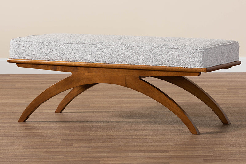 Sugar Japandi Light Gray Boucle Fabric and Walnut Brown Finished Wood Bench