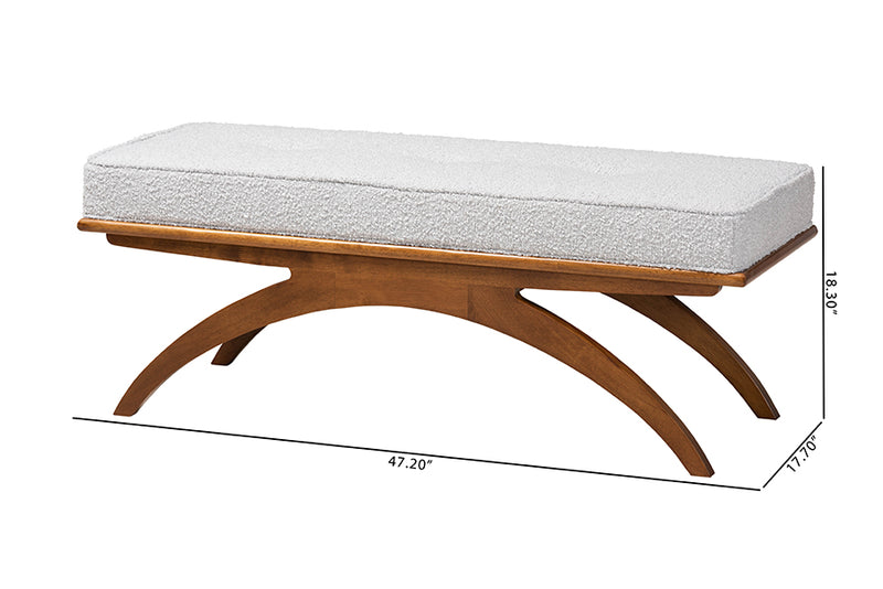 Sugar Japandi Light Gray Boucle Fabric and Walnut Brown Finished Wood Bench