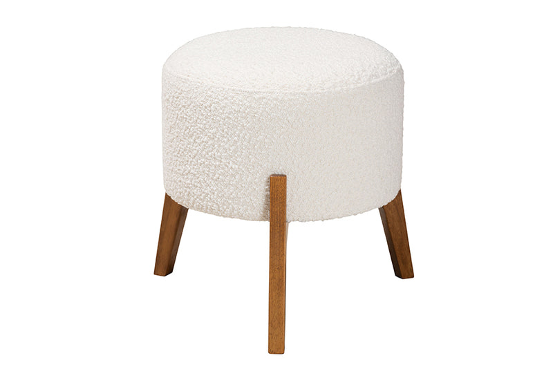 Casanova Japandi Cream Boucle Fabric and Walnut Brown Finished Wood Ottoman Footstool