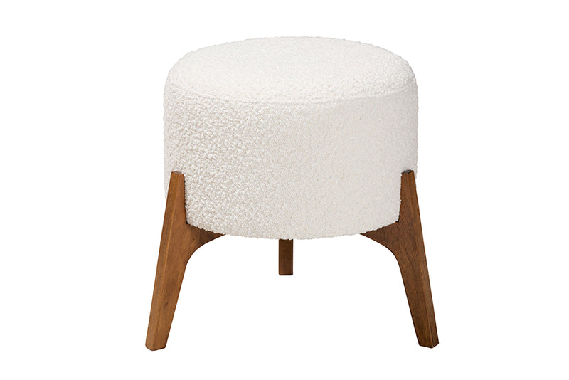 Casanova Japandi Cream Boucle Fabric and Walnut Brown Finished Wood Ottoman Footstool