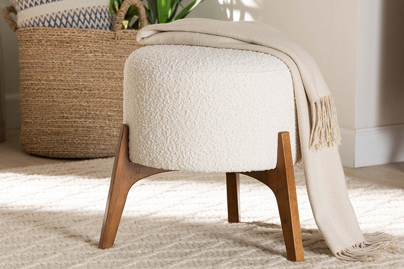 Casanova Japandi Cream Boucle Fabric and Walnut Brown Ottoman Footstool Baxton