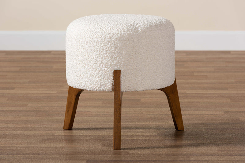 Casanova Japandi Cream Boucle Fabric and Walnut Brown Finished Wood Ottoman Footstool