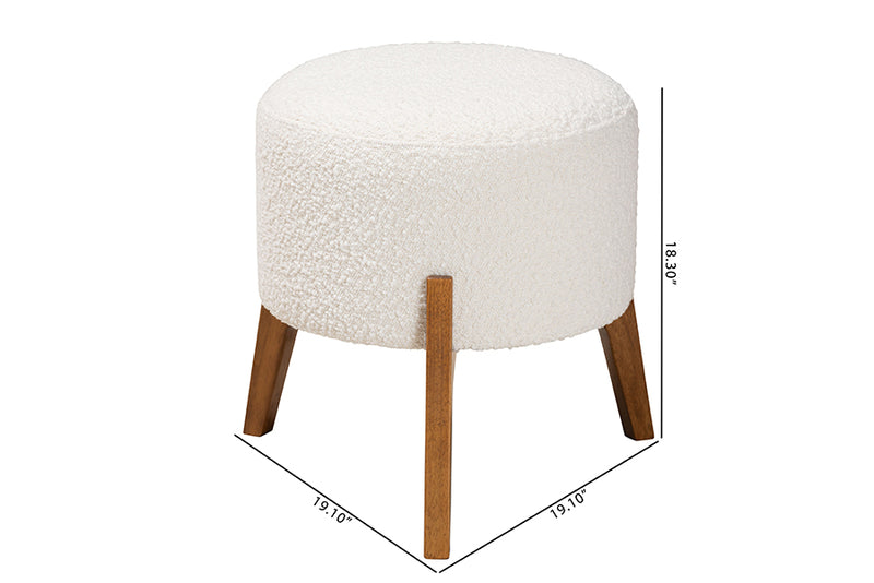 Casanova Japandi Cream Boucle Fabric and Walnut Brown Finished Wood Ottoman Footstool