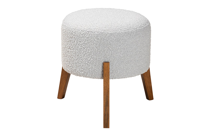 Casanova Japandi Light Gray Boucle Fabric and Walnut Brown Finished Wood Ottoman Footstool