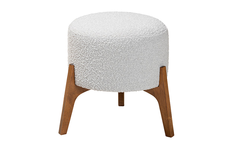 Casanova Japandi Light Gray Boucle Fabric and Walnut Brown Finished Wood Ottoman Footstool