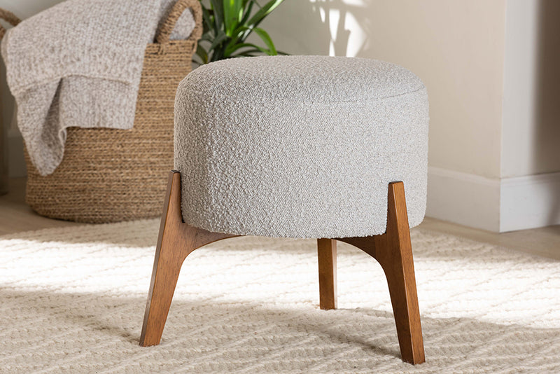 Casanova Japandi Light Gray Boucle Fabric and Walnut Brown Finished Wood Ottoman Footstool