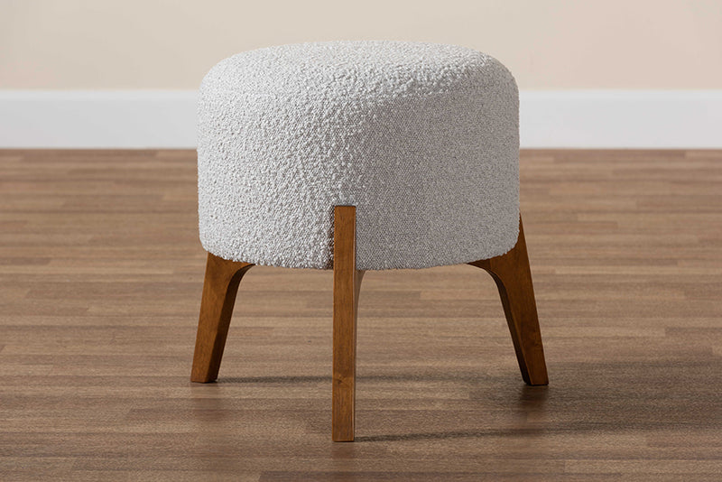 Casanova Japandi Light Gray Boucle Fabric and Walnut Brown Finished Wood Ottoman Footstool