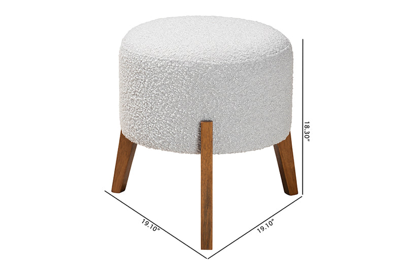 Casanova Japandi Light Gray Boucle Fabric and Walnut Brown Finished Wood Ottoman Footstool