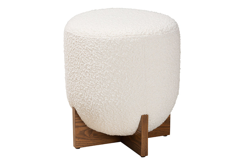 Abella Japandi Cream Boucle Fabric and Walnut Brown Finished Wood Ottoman Footstool