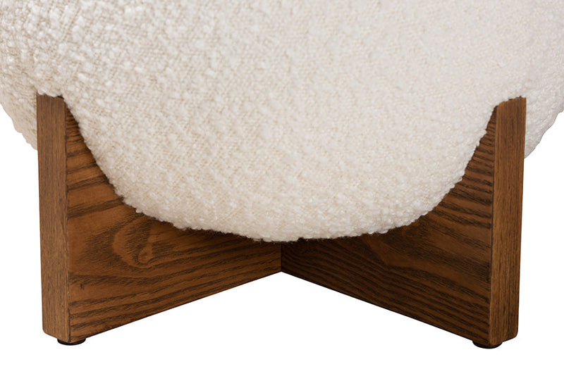 Abella Japandi Cream Boucle Fabric and Walnut Brown Ottoman Footstool Baxton