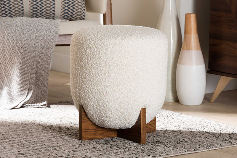 Abella Japandi Cream Boucle Fabric and Walnut Brown Ottoman Footstool Baxton