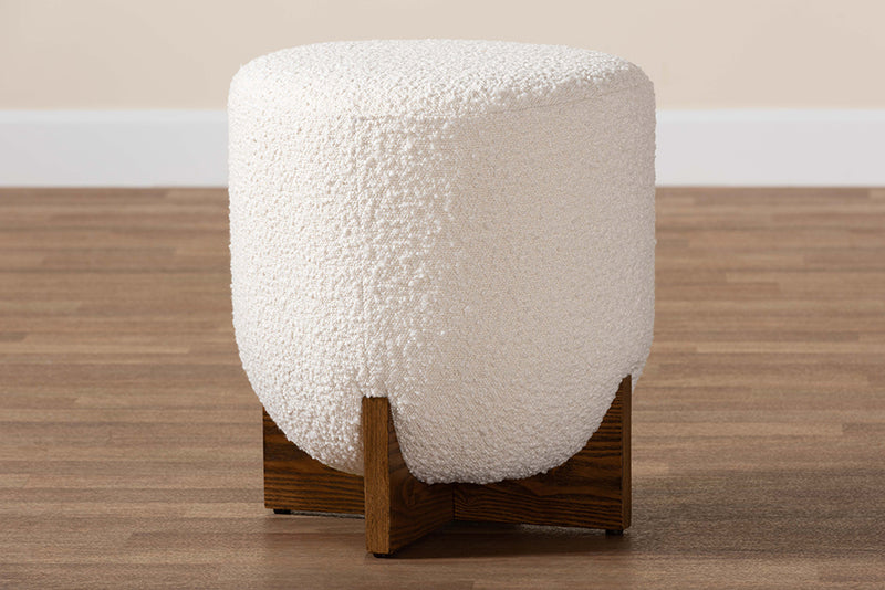 Abella Japandi Cream Boucle Fabric and Walnut Brown Finished Wood Ottoman Footstool