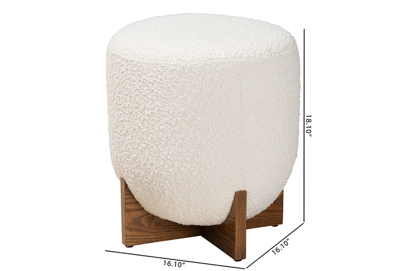 Abella Japandi Cream Boucle Fabric and Walnut Brown Finished Wood Ottoman Footstool