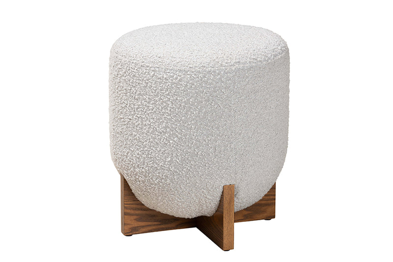 Abella Japandi Light Gray Boucle Fabric and Walnut Brown Finished Wood Ottoman Footstool