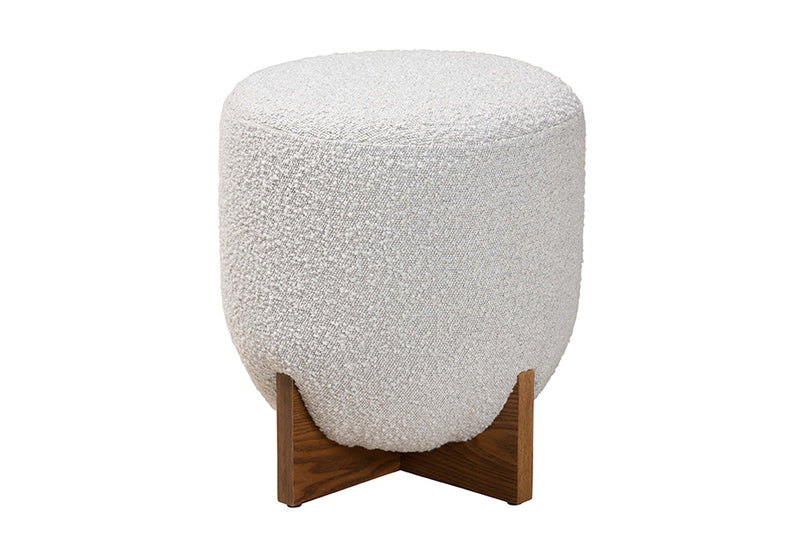 Abella Japandi Light Gray Boucle Fabric and Walnut Brown Finished Wood Ottoman Footstool