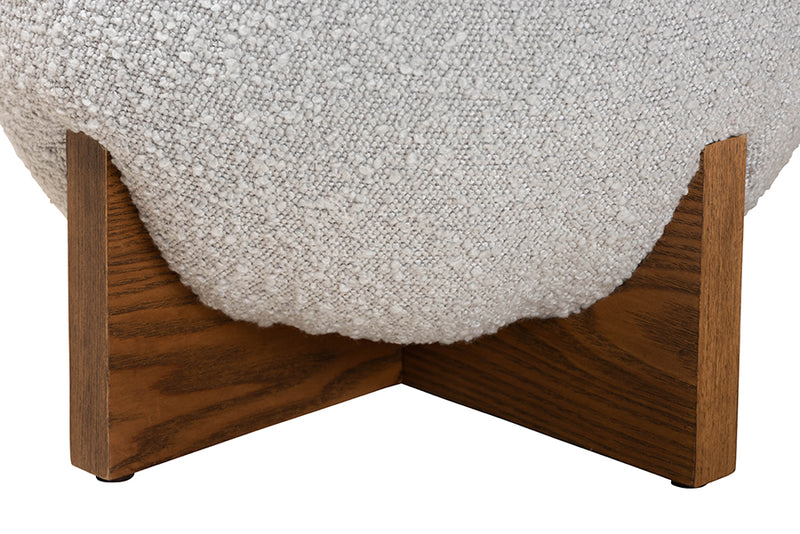 Abella Japandi Light Gray Boucle Fabric and Walnut Brown Finished Wood Ottoman Footstool