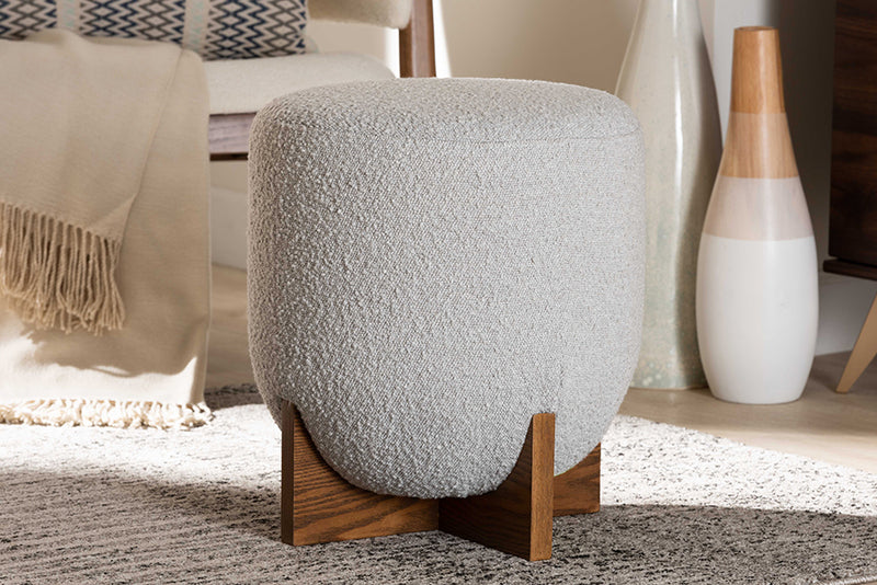 Abella Japandi Light Gray Boucle Fabric and Walnut Brown Finished Wood Ottoman Footstool