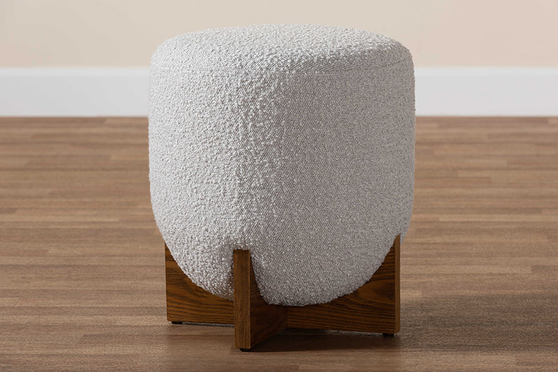 Abella Japandi Light Gray Boucle Fabric and Walnut Brown Finished Wood Ottoman Footstool